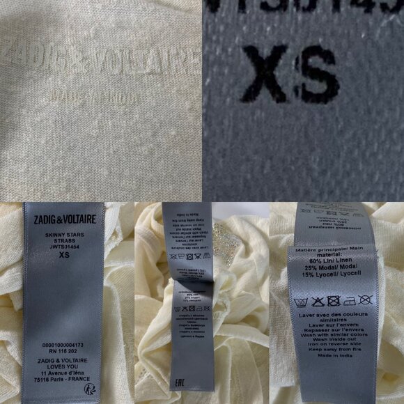 Zadig & Voltaire Skinny Stars Strass Tee Shirt Top XS Cream Embellished Linen - Picture 6 of 13